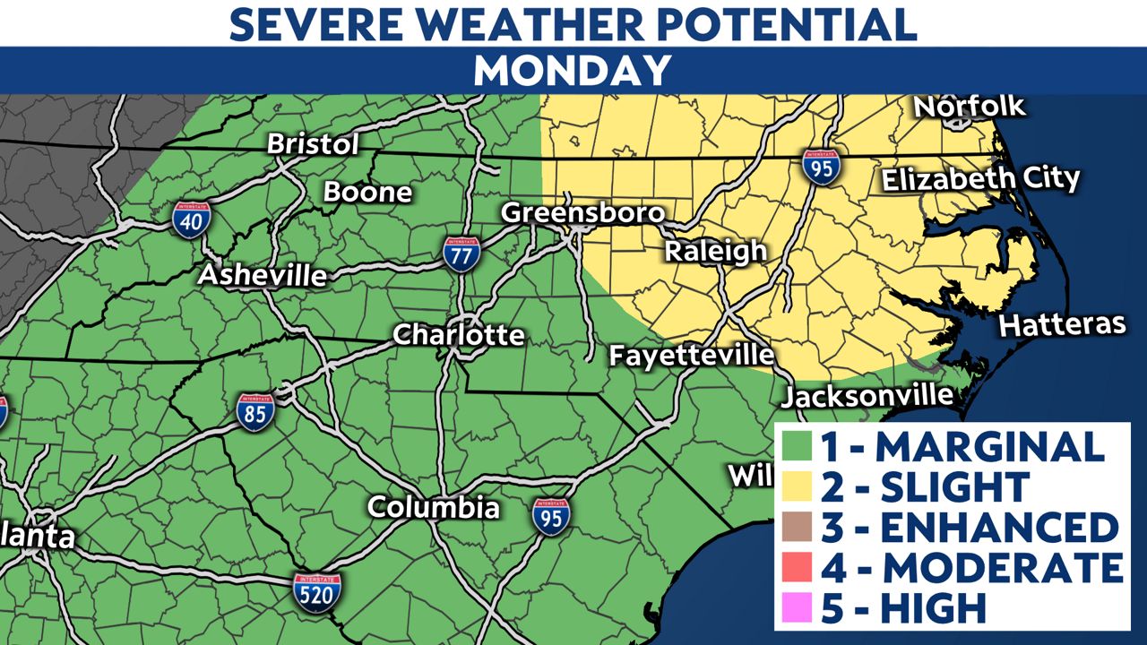 Strong storms will be possible in North Carolina Monday